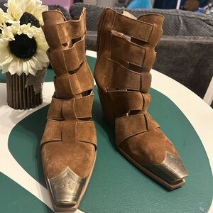 Free People Brown Suede Heeled Boots with Gold Tips